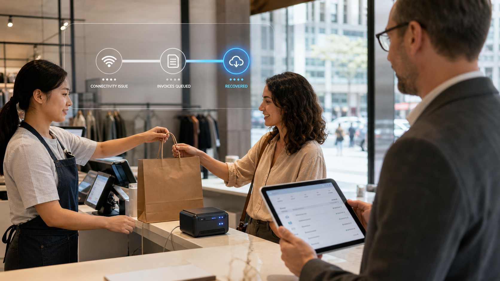 City retail checkout continuing while queued electronic invoices recover